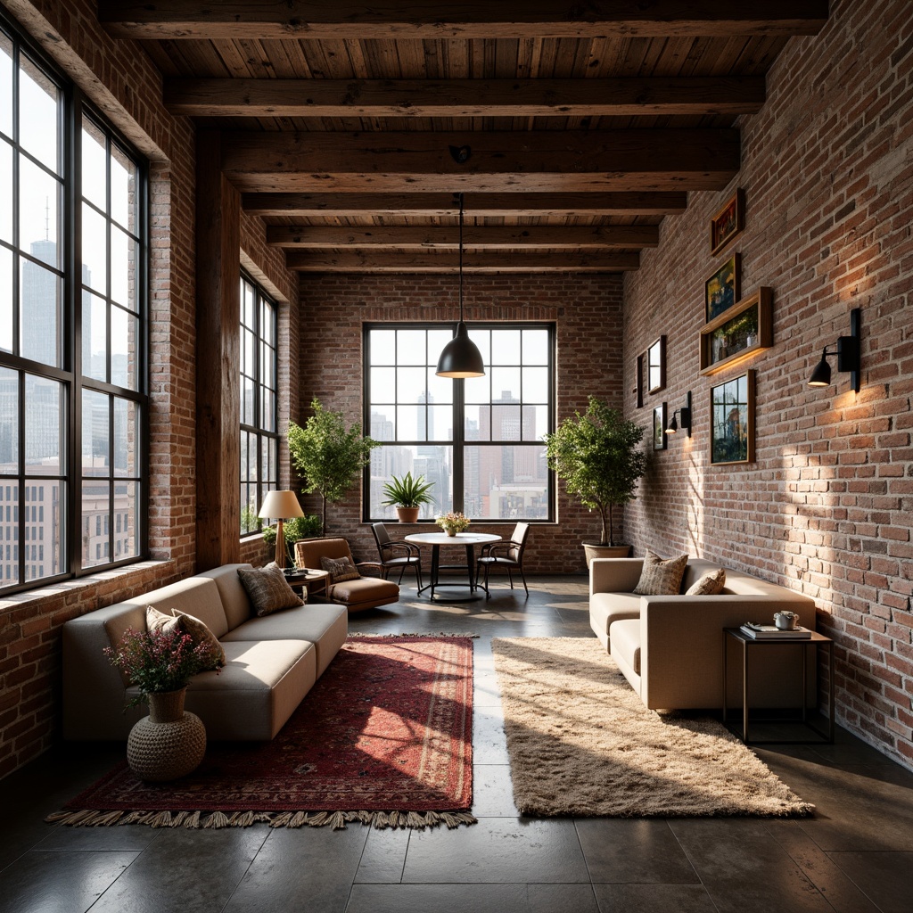 Prompt: Exposed brick walls, distressed wooden beams, vintage decorative lighting, plush area rugs, cozy reading nooks, minimalist decor, industrial metal accents, reclaimed wood furniture, earthy color palette, soft warm lighting, shallow depth of field, 1/1 composition, intimate atmosphere, romantic ambiance, modern loft layout, open concept living, floor-to-ceiling windows, cityscape views, urban landscape.