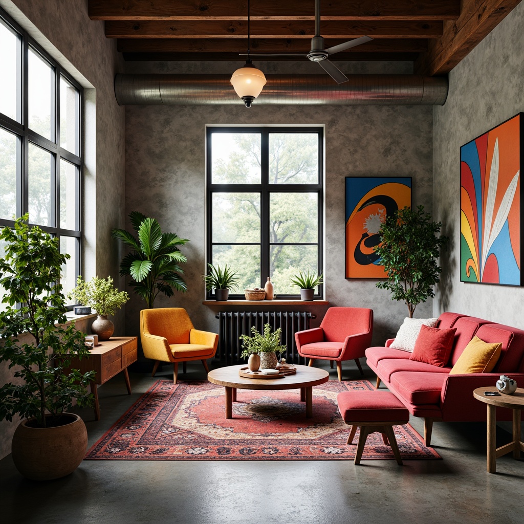 Prompt: Vibrant artistic studio, eclectic furniture pieces, bold color blocking, contrasting textures, natural wood accents, industrial metal tones, abstract artwork, oversized windows, soft diffused lighting, 3/4 composition, realistic reflections, ambient occlusion.