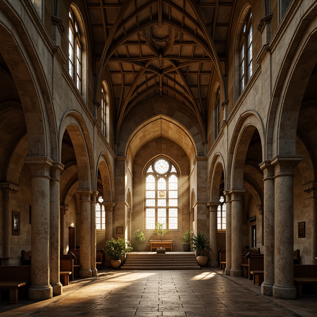 Prompt: Rustic Romanesque church, weathered stone fa\u00e7ade, intricately carved ornate details, textured surfaces, rough-hewn granite columns, vaulted ceilings, grandiose archways, stained glass windows, warm golden lighting, dramatic chiaroscuro, atmospheric mist, 3/4 composition, low-angle shot, cinematic depth of field, realistic normal maps.