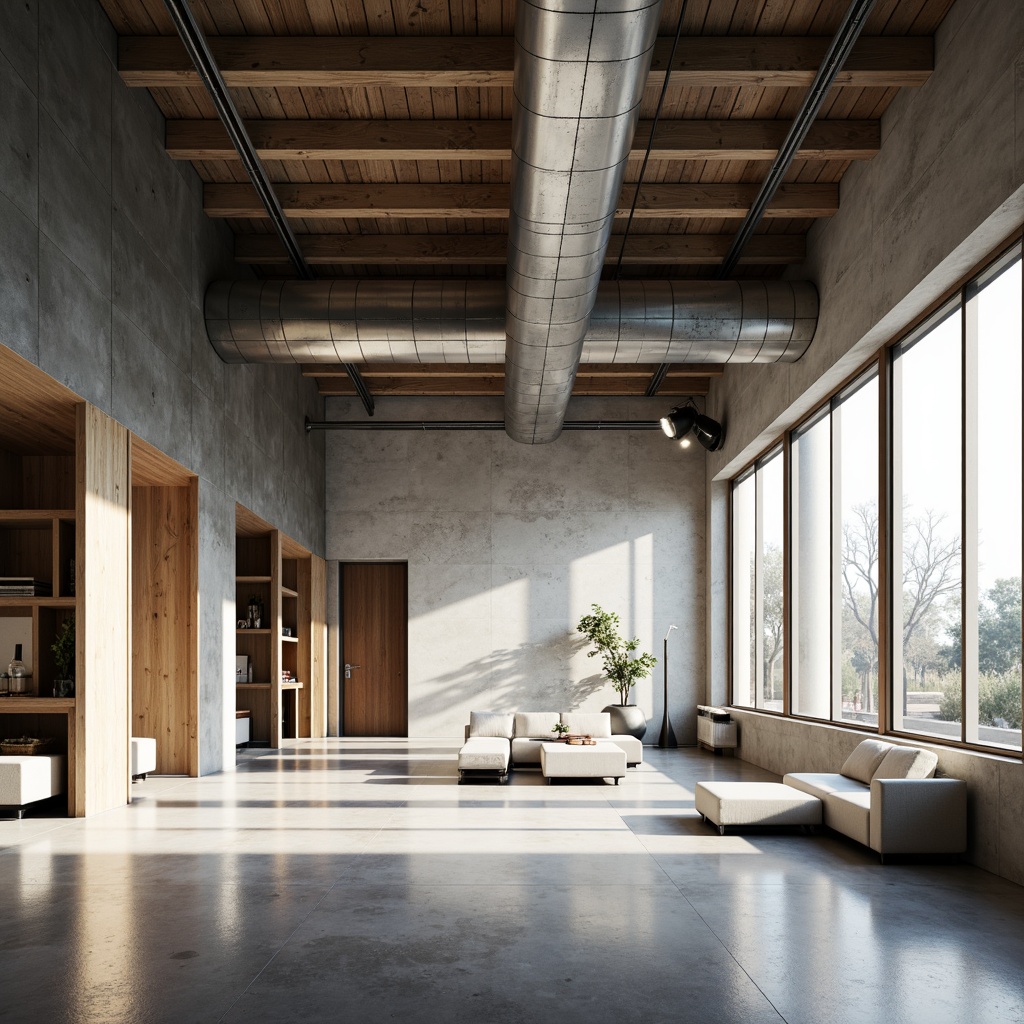 Prompt: Clean lines, simple shapes, minimal ornamentation, industrial materials, exposed ductwork, concrete floors, steel beams, wooden accents, floor-to-ceiling windows, sliding glass doors, natural light, subtle textures, monochromatic color scheme, functional simplicity, open-plan layout, free-flowing spaces, abstract compositions, 1/1 aspect ratio, shallow depth of field, softbox lighting, cinematic atmosphere.