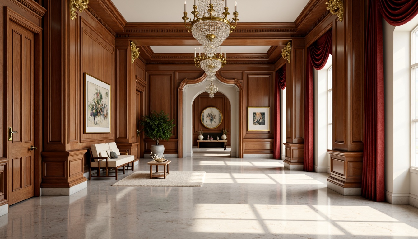 Prompt: Luxurious neoclassical interior, rich wood tones, ornate moldings, marble flooring, crystal chandeliers, velvet drapes, gilded accents, intricate carvings, polished bronze fixtures, creamy white walls, subtle archways, elegant columns, soft warm lighting, shallow depth of field, 1/1 composition, symmetrical view, realistic textures, ambient occlusion.