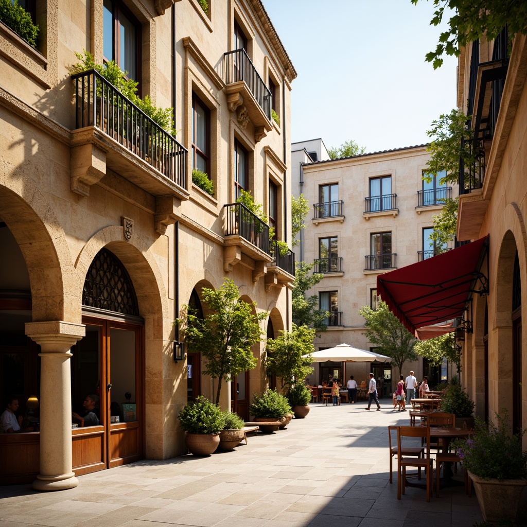 Prompt: Rustic market square, warm beige stone fa\u00e7ades, ornate Romanesque arches, vibrant greenery, colorful awnings, medieval-inspired signage, intricate carvings, grand entrance doors, rounded columns, decorative capitals, soft warm lighting, shallow depth of field, 1/1 composition, realistic textures, ambient occlusion.