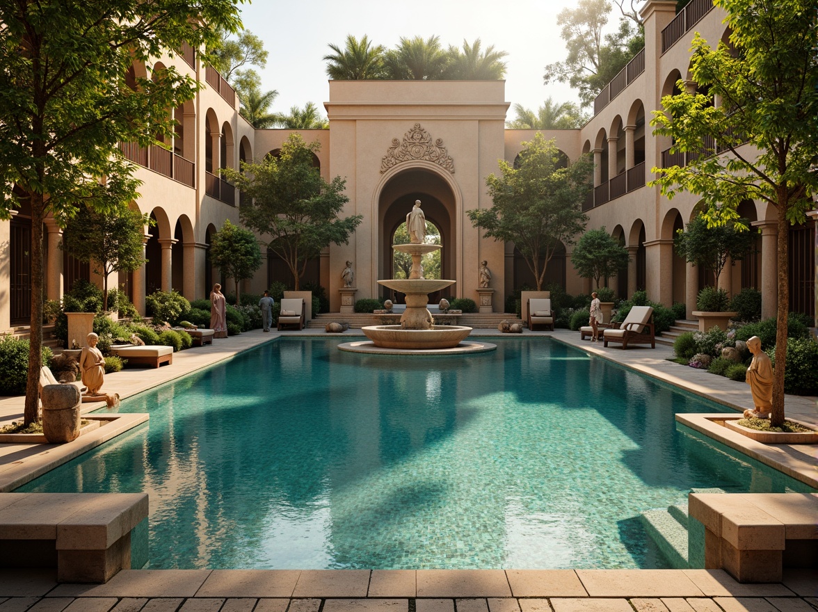 Prompt: Luxurious swimming pool, ornate fountain features, majestic statues, intricate stone carvings, warm golden lighting, rich turquoise water, iridescent tile work, lavish vegetation, Mediterranean-inspired surroundings, sunny afternoon, soft misty atmosphere, 1/1 composition, shallow depth of field, realistic water effects.