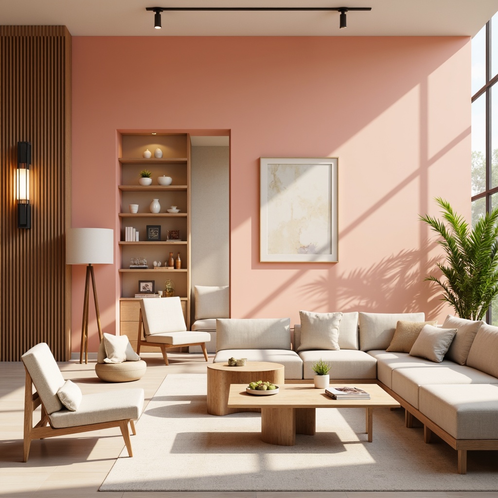 Prompt: Vibrant modern interior, sleek furniture, pastel color scheme, soft peach tones, creamy whites, rich wood accents, natural textiles, elegant lighting fixtures, subtle metallic hints, minimalist decor, calm ambiance, shallow depth of field, 1/1 composition, warm softbox lighting.