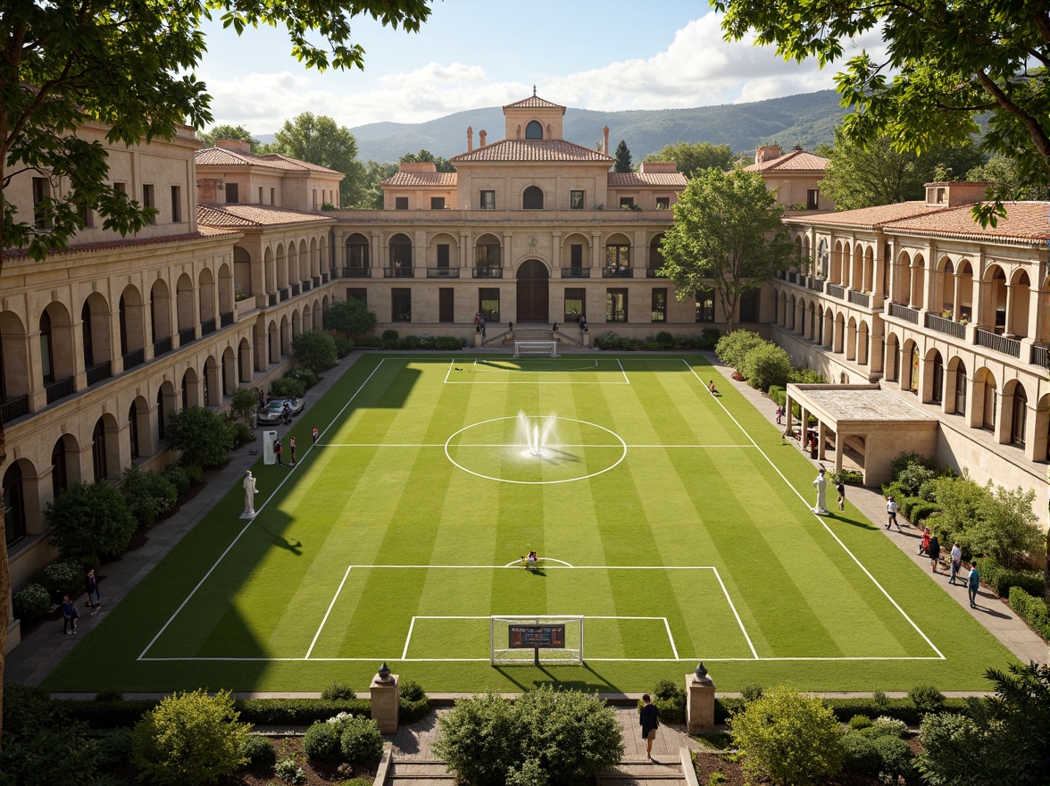 Prompt: Symmetrical sports fields, lush green grass, ornate fountains, grand stone statues, classical Italian architecture, colonnaded buildings, terracotta rooftops, arched windows, Tuscan-inspired columns, intricate stonework, vibrant frescoes, Renaissance-era details, athletic tracks, soccer goals, tennis courts, basketball hoops, vintage scoreboard, nostalgic atmosphere, warm sunny day, soft golden lighting, shallow depth of field, 1/1 composition, realistic textures, ambient occlusion.