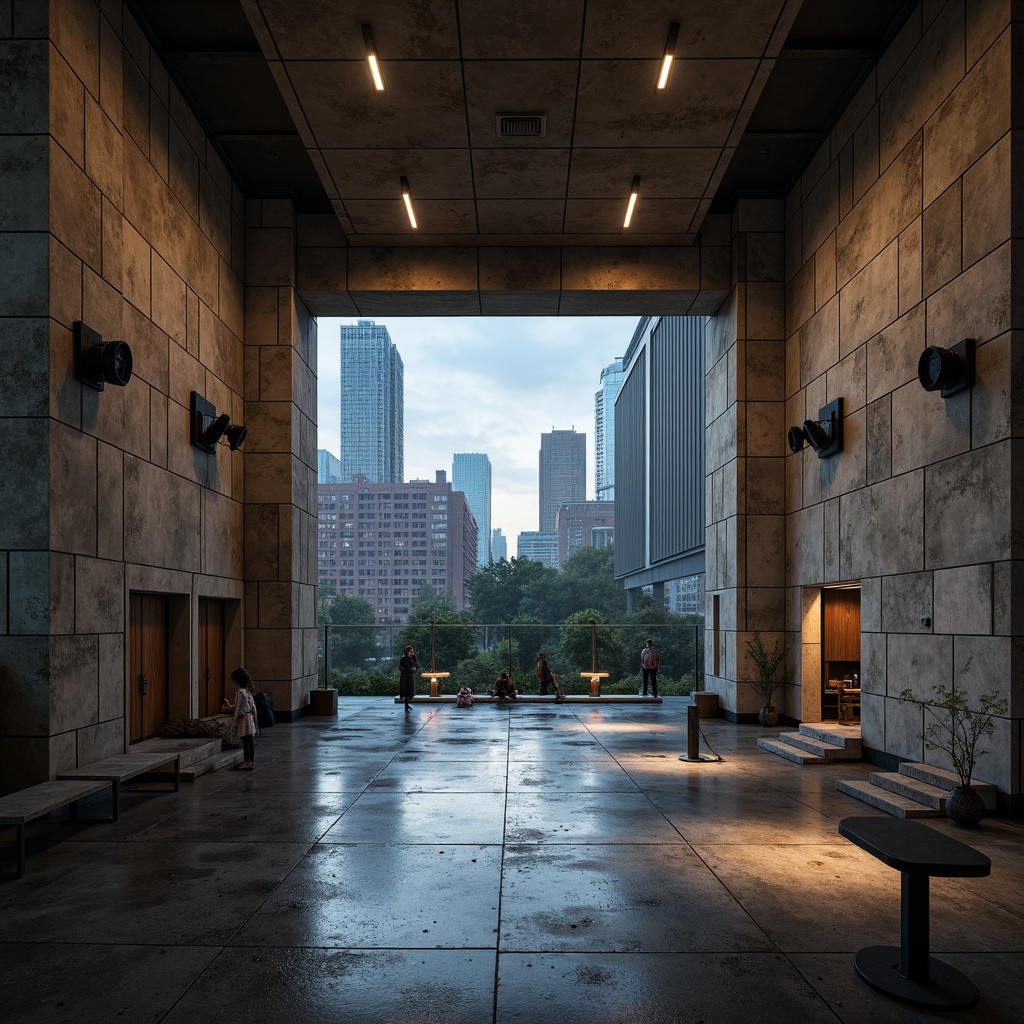 Prompt: Industrial concrete concert house, brutalist architecture, exposed aggregate texture, rugged stone walls, metallic accents, industrial lighting fixtures, minimalist interior design, polished concrete floors, raw concrete ceilings, urban cityscape backdrop, misty evening atmosphere, dramatic spotlights, high-contrast shadows, 1/2 composition, cinematic framing, realistic ambient occlusion.