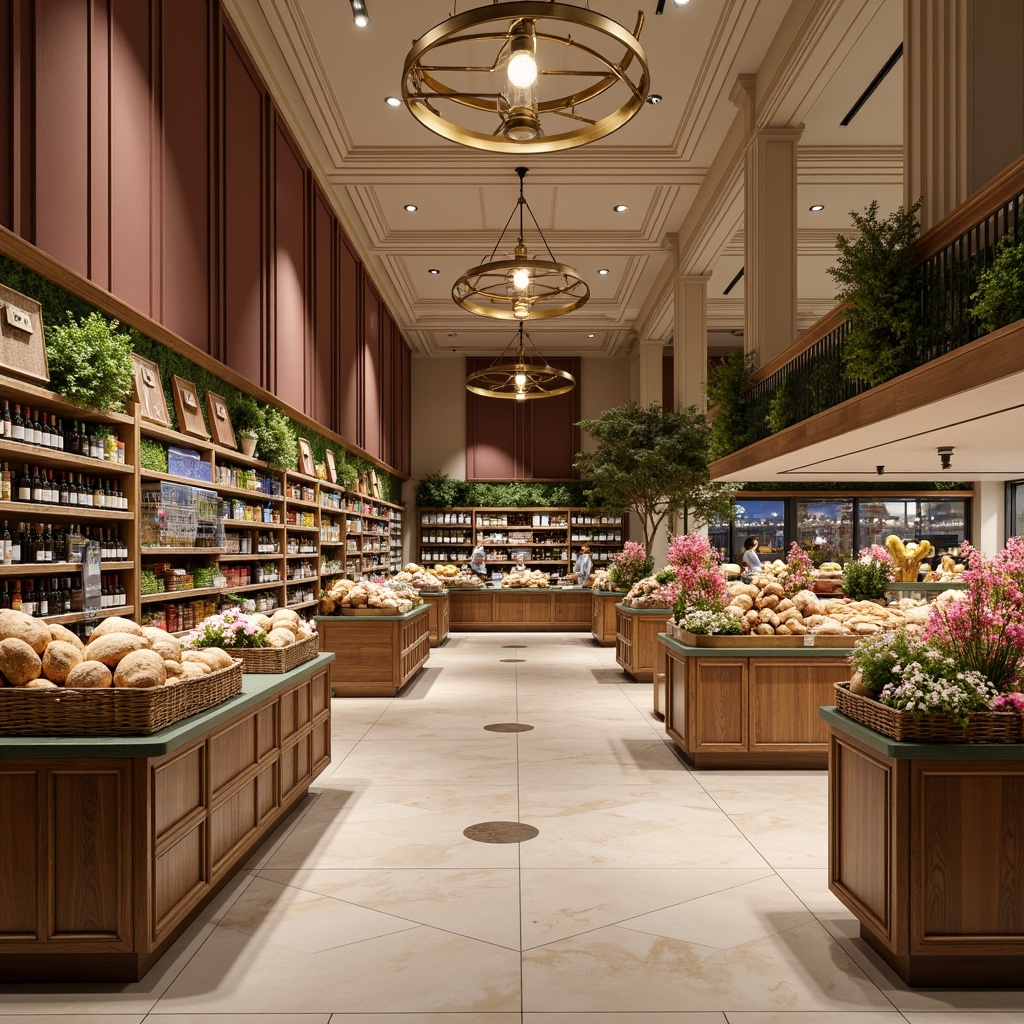 Prompt: Elegant grocery store interior, high ceilings, ornate moldings, marble floors, grand chandeliers, refined wooden shelves, antique bronze fixtures, luxurious velvet drapes, subtle lighting, warm beige tones, sophisticated product displays, fresh produce stands, artisanal bread stations, gourmet food sections, premium wine racks, ornamental flower arrangements, soft background music, inviting atmosphere, 1/1 composition, shallow depth of field, realistic textures, ambient occlusion.