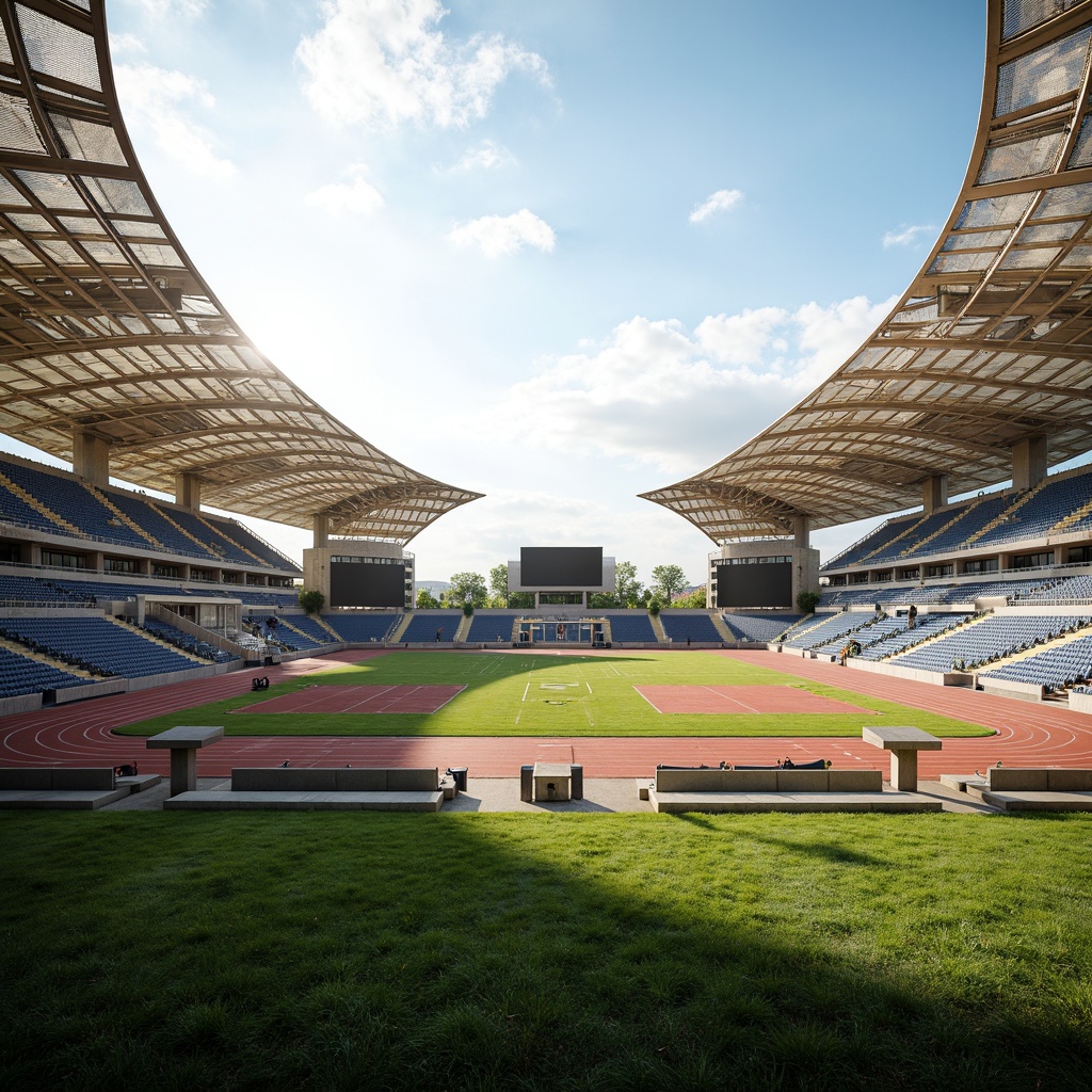 Prompt: Undulating sports stadium, sweeping curves, dynamic lines, vibrant green turf, athletic tracks, jumping pits, shot put areas, discus throw fields, soccer goals, basketball courts, tennis nets, undulating grandstands, cantilevered roofs, translucent canopies, sleek metal railings, modern LED lighting, sunny day, soft warm ambiance, shallow depth of field, 3/4 composition, panoramic view, realistic textures, ambient occlusion.