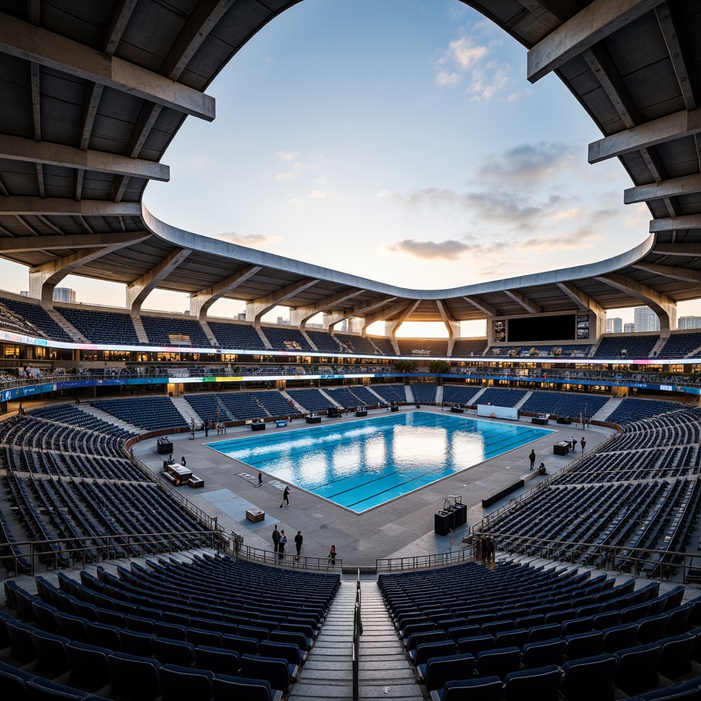 Prompt: Grandstand seating, angular steel beams, cantilevered roofs, futuristic LED lighting, dynamic curves, geometric patterns, brutalist concrete walls, minimalist details, open-air atmosphere, natural ventilation systems, vast open spaces, modern athletic tracks, professional sports equipment, Olympic-sized swimming pools, spectator amenities, concession stands, wayfinding signage, urban cityscape views, warm sunset ambiance, dramatic shadows, 1/2 composition, realistic materials, ambient occlusion.