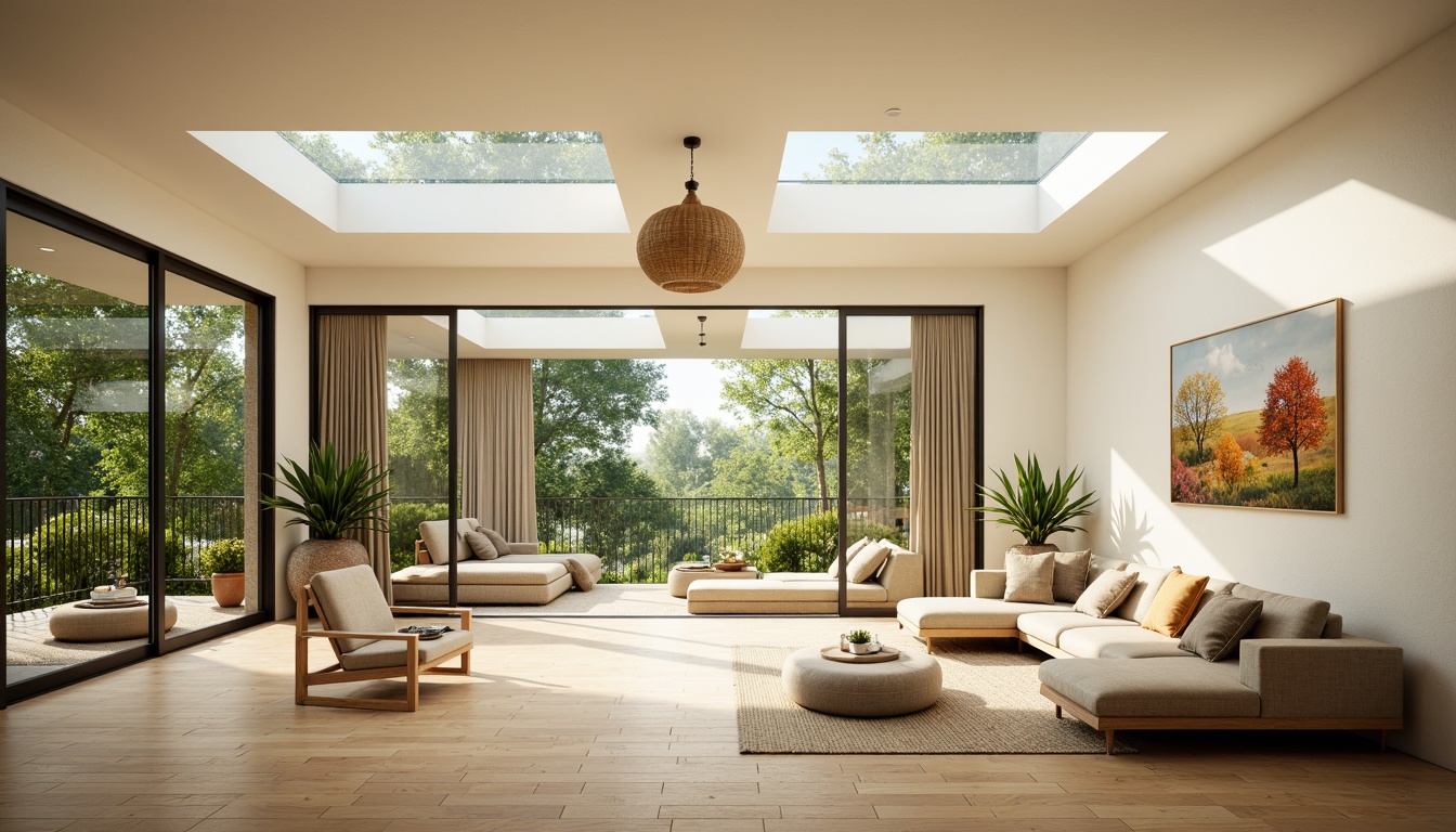 Prompt: Airy living room, floor-to-ceiling windows, sliding glass doors, minimalist decor, creamy white walls, polished wooden floors, greenery views, sunny afternoon, soft warm lighting, shallow depth of field, 3/4 composition, panoramic view, realistic textures, ambient occlusion, skylights above, clerestory windows, reflective surfaces, natural stone accents, earthy tone color palette, cozy reading nooks, plush furniture, vibrant artwork, organic shapes, nature-inspired patterns.