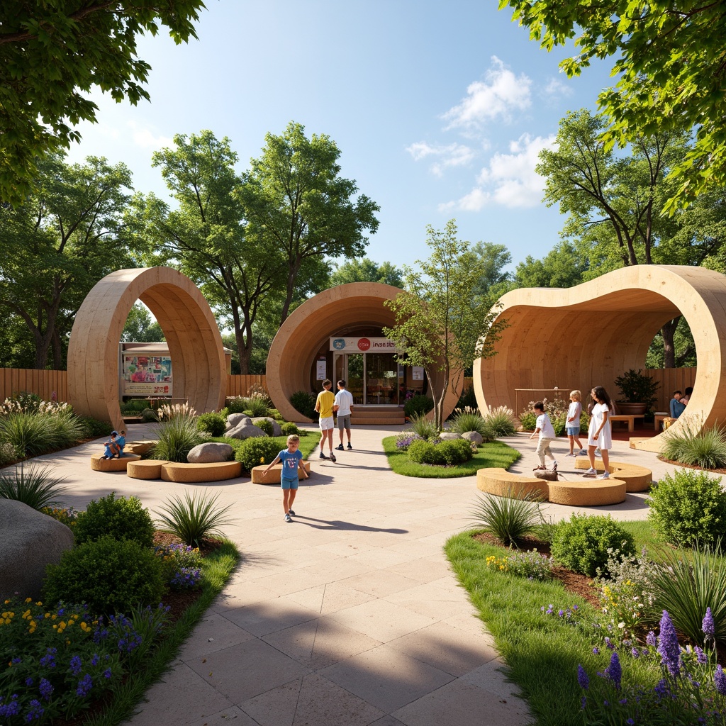 Prompt: Whimsical kindergarten playground, curved Art Nouveau lines, organic shapes, vibrant colors, natural materials, wooden structures, wavy patterns, blooming flowers, lush greenery, winding pathways, interactive installations, educational signage, soft warm lighting, shallow depth of field, 3/4 composition, panoramic view, realistic textures, ambient occlusion.