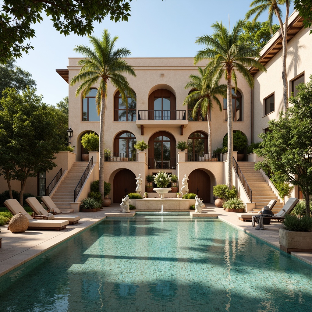 Prompt: Luxurious poolside, ornate fountains, grand staircases, statuesque decor, mosaic tiles, gold accents, turquoise waters, sunny Mediterranean climate, lush greenery surroundings, rustic stone walls, elegant archways, refined Renaissance-inspired architecture, warm beige stucco, soft golden lighting, shallow water effects, 1/1 composition, realistic reflections, ambient occlusion.