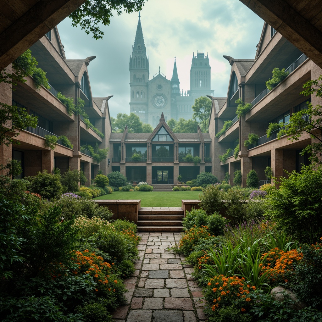 Prompt: Lush greenery, medieval-inspired landscaping, grandiose Gothic style soccer stadium, towering spires, intricate stone carvings, mystical gargoyles, vibrant flowers, ornate fountains, meandering pathways, rustic stone walls, weathered copper accents, mysterious misty atmosphere, dramatic spotlights, warm golden lighting, 1/2 composition, low-angle shot, realistic textures, ambient occlusion.Let me know if you need any adjustments!