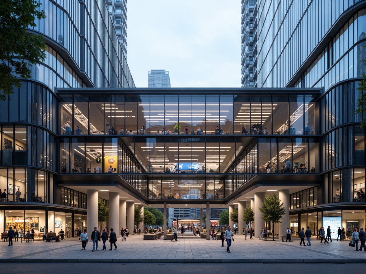 Prompt: Modern bus station, sleek glass facade, angular metal frames, cantilevered roofs, minimal ornamentation, functional simplicity, urban context, bustling streets, vibrant city life, natural stone flooring, stainless steel columns, LED signage, futuristic lighting, shallow depth of field, 3/4 composition, panoramic view, realistic textures, ambient occlusion.