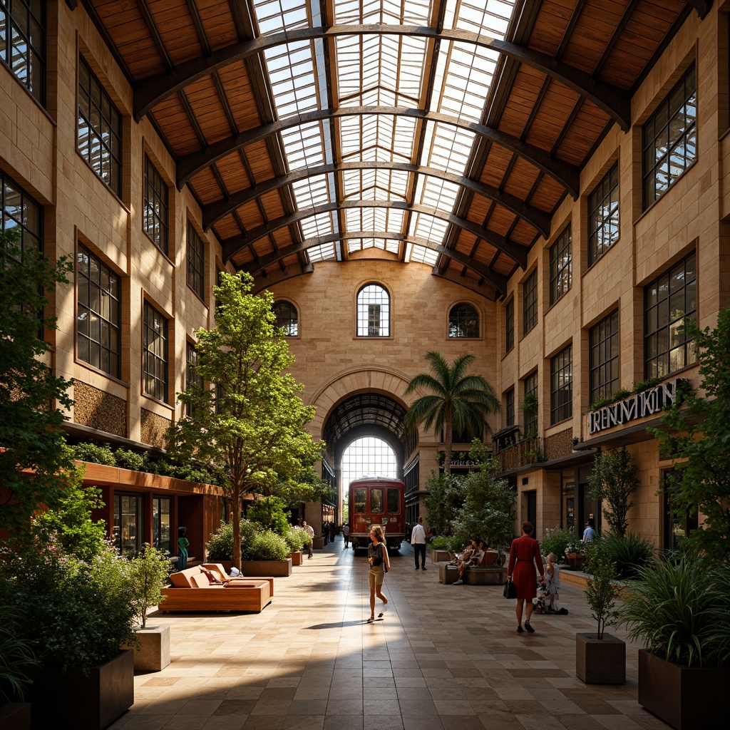 Prompt: Grand train station, ornate metalwork, flowing organic lines, natural stone walls, wooden accents, intricate mosaics, stained glass ceilings, curved archways, lush greenery, tropical plants, warm golden lighting, soft focus, shallow depth of field, 2/3 composition, symmetrical framing, vibrant earth tones, elegant typography, decorative ironwork, ornamental ceramics, rustic brick facades, vintage train cars, nostalgic atmosphere.