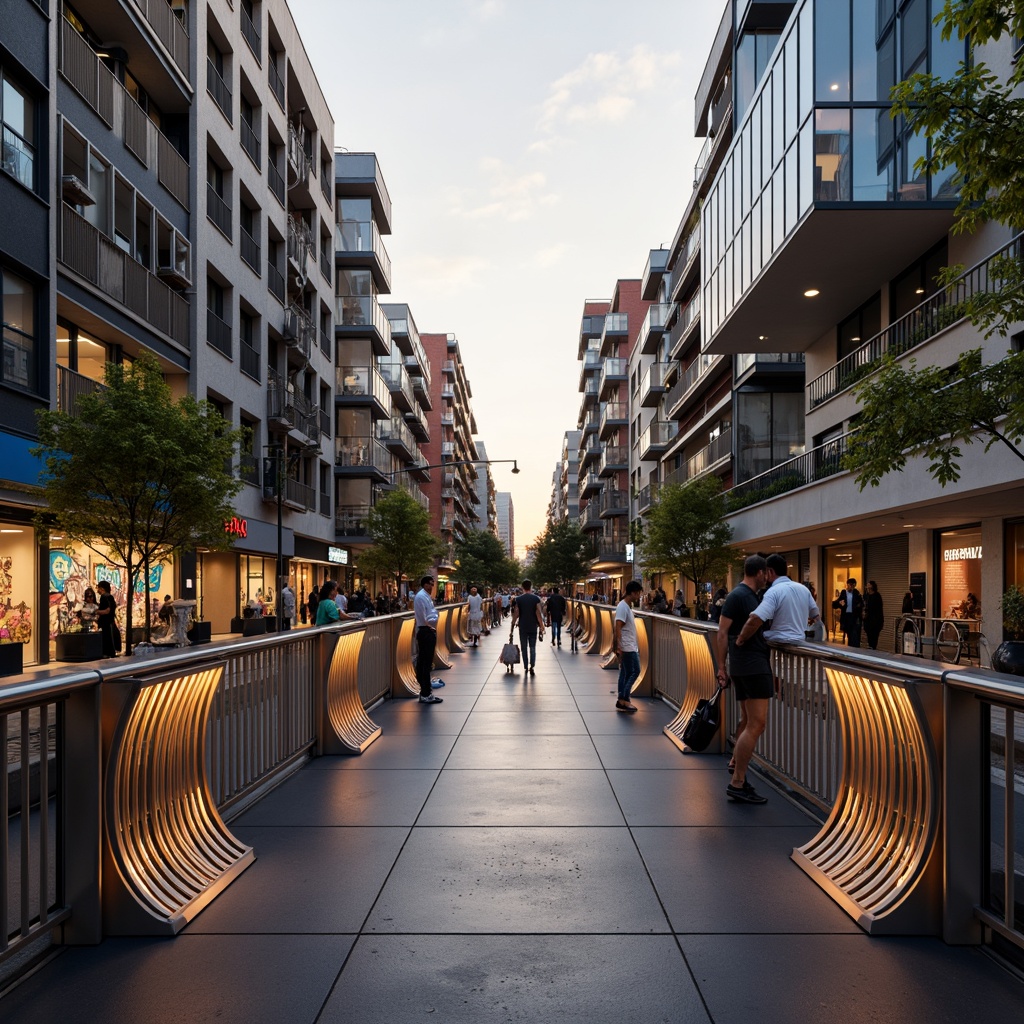 Prompt: Futuristic pedestrian bridge, sleek metallic railings, iridescent coatings, shimmering LED lights, undulating curves, modern urban landscape, bustling city streets, vibrant street art, eclectic crowd, warm evening ambiance, soft golden lighting, shallow depth of field, 1/1 composition, realistic reflections, ambient occlusion, intricate geometric patterns, futuristic materials, eco-friendly surfaces, sustainable design solutions.