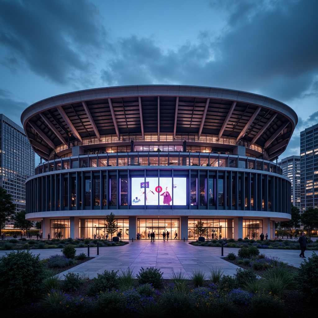 Prompt: Grand stadium facade, structuralist architecture, angular lines, cantilevered roofs, exposed steel beams, concrete columns, dynamic curves, futuristic aesthetic, vibrant LED lighting, large-scale video screens, transparent glass walls, minimalist seating areas, industrial metal textures, urban cityscape backdrop, dramatic evening atmosphere, low-angle shot, 1/2 composition, high-contrast lighting, cinematic mood.