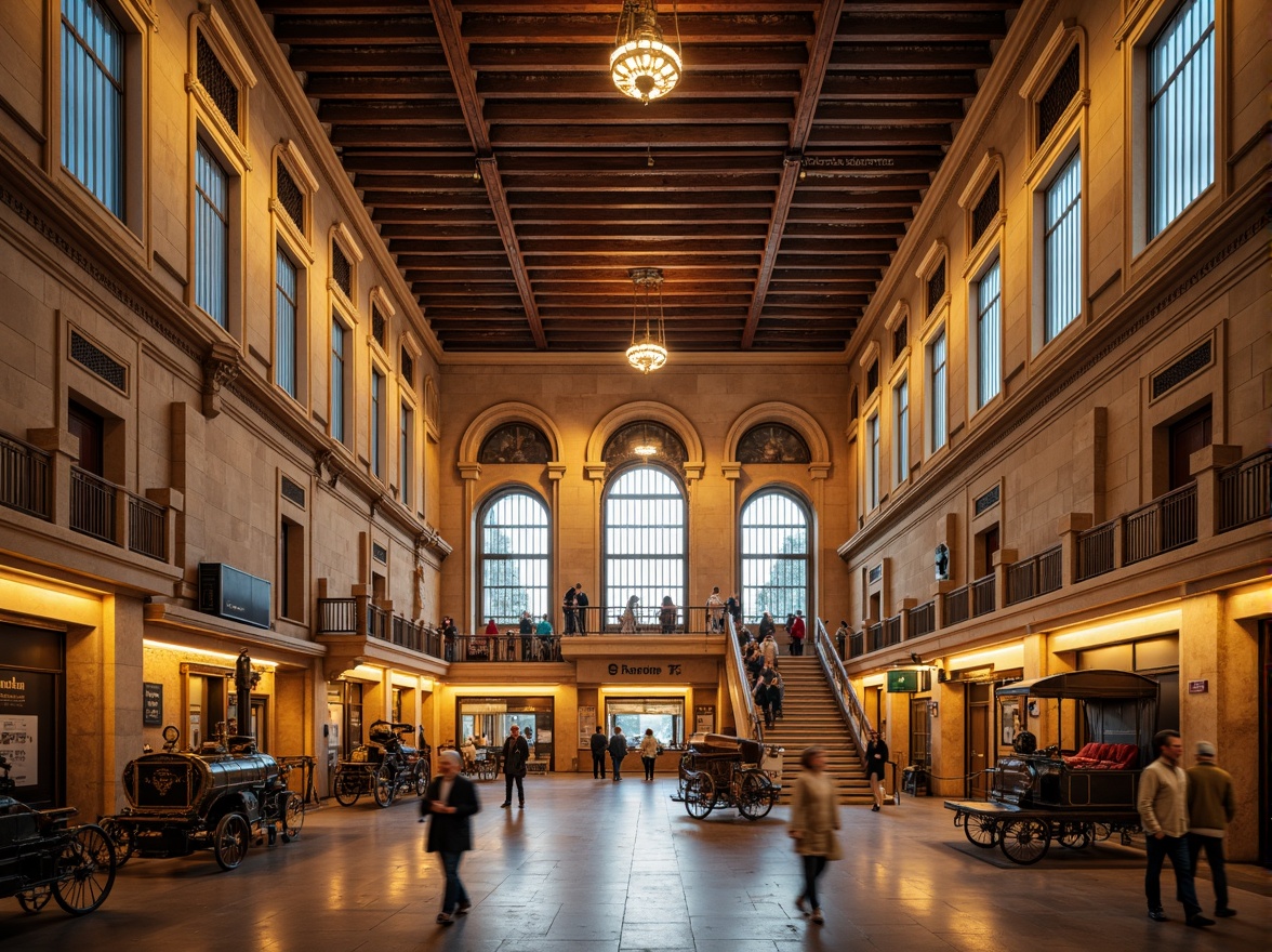 Prompt: Grandiose train station, Renaissance Revival style, ornate stone fa\u00e7ade, arched windows, intricately carved details, rusticated quoins, grand entrance hall, high ceilings, sweeping staircases, elegant chandeliers, vintage luggage carts, nostalgic steam engine displays, warm golden lighting, soft focus blur, 1/1 composition, symmetrical architecture, realistic stone textures, ambient occlusion.