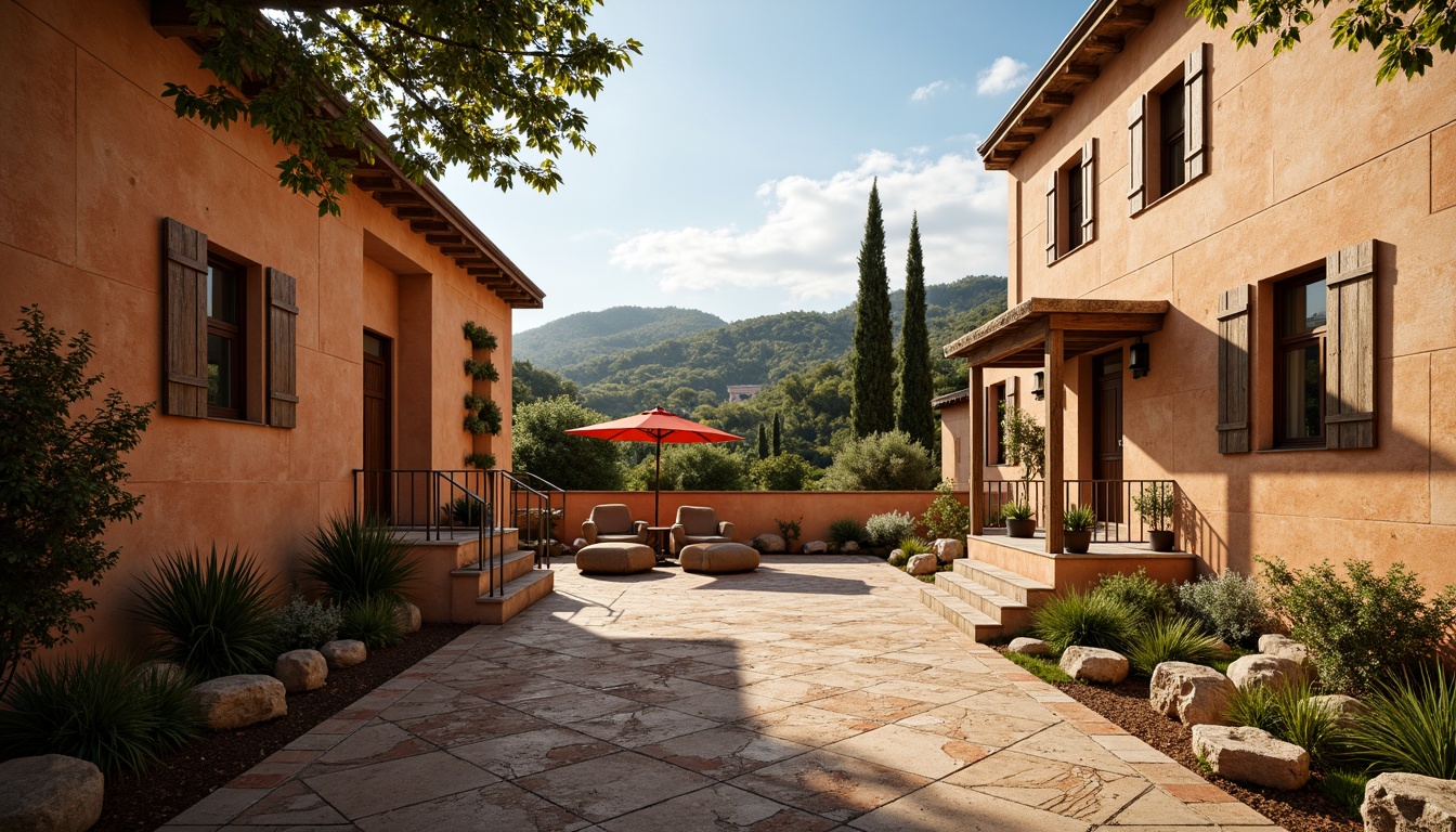 Prompt: Warm earthy tones, Sienna-infused facades, rustic stone walls, clay roof tiles, natural terracotta hues, sun-baked Mediterranean landscape, rolling hills, olive groves, cypress trees, ancient villas, weathered wooden shutters, distressed stucco finishes, warm golden lighting, shallow depth of field, 1/1 composition, realistic textures, ambient occlusion.