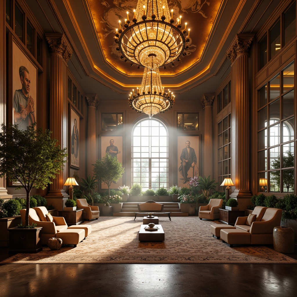 Prompt: Grandiose fitness center, ornate chandeliers, lavish furnishings, luxurious carpets, opulent decorations, majestic columns, sweeping staircases, intricate moldings, grand scale murals, dramatic lighting effects, warm golden tones, soft focus blur, 1/2 composition, cinematic view, realistic reflections, ambient occlusion, lush greenery, natural stone walls, water features, outdoor terraces, panoramic views, misty atmosphere, soft warm lighting.