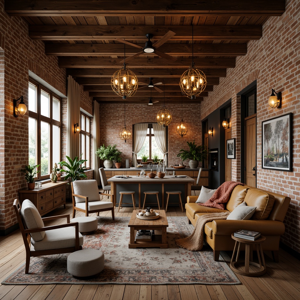 Prompt: Exposed brick walls, wooden floorboards, high ceilings, industrial metal beams, romantic chandeliers, soft warm lighting, cozy plush furniture, vintage decorative items, distressed leather sofas, reclaimed wood accents, elegant drapery, sheer curtains, natural textiles, earthy color palette, whimsical artwork, eclectic decorations, open kitchen concept, minimalist decor, intimate ambiance, relaxed atmosphere, shallow depth of field, 1/1 composition, warm golden lighting.