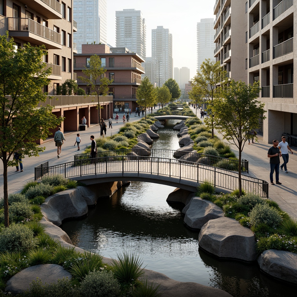 Prompt: Curved pedestrian bridges, lush greenery, serene water features, natural stone foundations, steel cable railings, wooden decking, modern urban planning, vibrant cityscape, bustling street life, eclectic architectural styles, thriving public spaces, soft warm lighting, shallow depth of field, 3/4 composition, panoramic view, realistic textures, ambient occlusion.