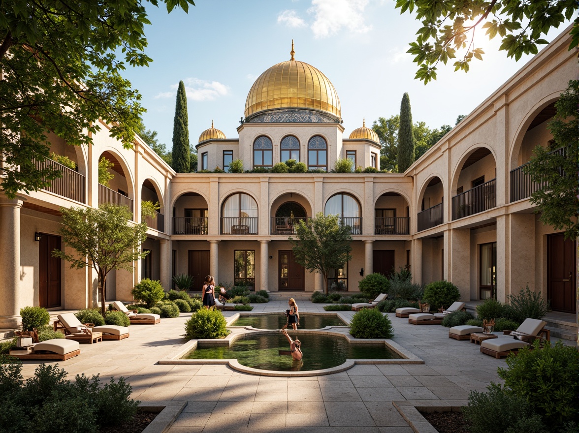 Prompt: Majestic Byzantine palace, intricately carved stone facades, golden domes, ornate mosaics, lush green courtyards, vibrant flowerbeds, tranquil water features, grand archways, columned porticos, rustic stone walls, weathered wooden doors, soft warm lighting, atmospheric perspective, 1/2 composition, cinematic view, detailed textures, ambient occlusion, Mediterranean climate, sunny afternoon, gentle breeze.