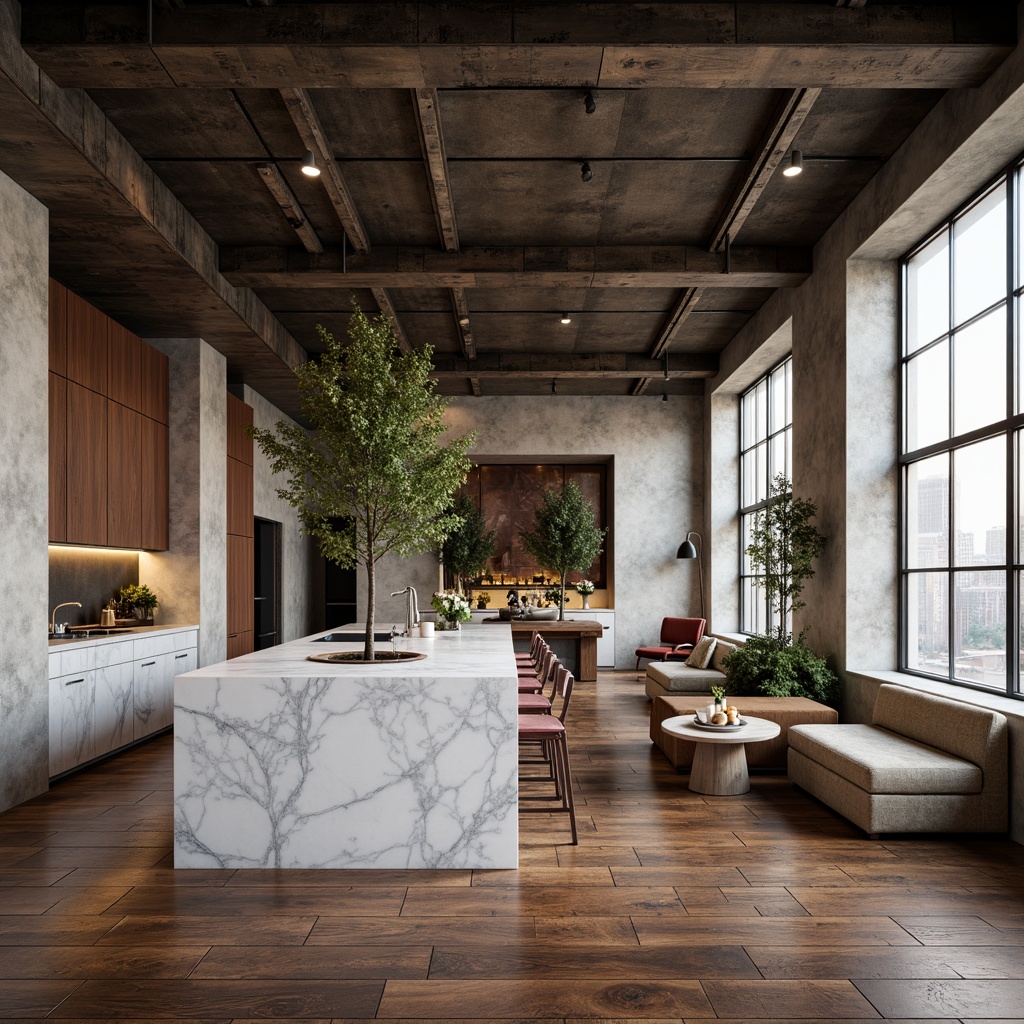 Prompt: Polished marble countertops, reclaimed wooden floors, industrial metal beams, exposed concrete walls, minimalist decor, modern sleek lines, luxurious velvet fabrics, metallic accents, natural stone features, urban loft atmosphere, soft warm lighting, shallow depth of field, 1/1 composition, realistic textures, ambient occlusion.