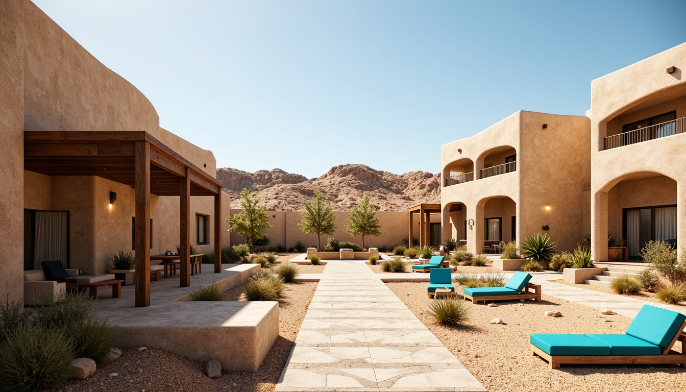 Prompt: Desert social housing complex, adobe-style buildings, curved lines, earthy tones, xeriscaping, succulent plants, gravel pathways, minimalist outdoor furniture, shaded courtyards, water-efficient irrigation systems, drought-resistant vegetation, vibrant turquoise accents, Southwestern-inspired textiles, geometric patterned tiles, warm sandy dunes, clear blue sky, hot sunny day, soft warm lighting, shallow depth of field, 3/4 composition, panoramic view, realistic textures, ambient occlusion.