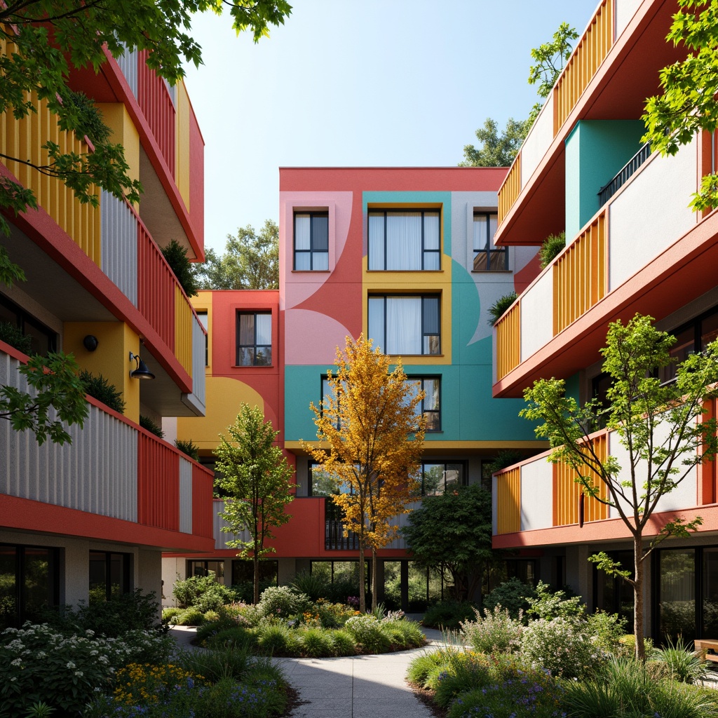 Prompt: Vibrant social housing complex, playful postmodernist facade, bold color blocking, irregular shapes, fragmented forms, eclectic mix of materials, exposed ductwork, industrial-style windows, corrugated metal cladding, geometric patterned balconies, lush green walls, community gardens, urban oasis, warm sunny day, soft natural lighting, shallow depth of field, 2/3 composition, realistic textures, ambient occlusion.