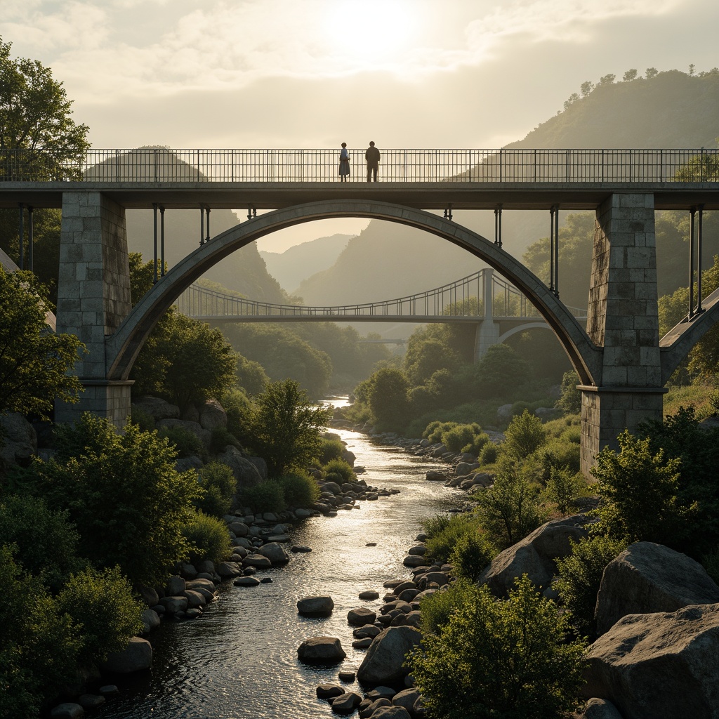 Prompt: Scenic bridge, winding watercourse, lush vegetation, natural stone abutments, steel arches, suspension cables, pedestrian walkways, bike lanes, observation decks, panoramic views, misty morning atmosphere, warm golden lighting, shallow depth of field, 1/2 composition, symmetrical architecture, modern engineering marvels, urban connectivity, eco-friendly infrastructure.