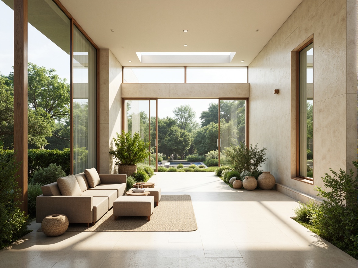 Prompt: Bright airy interior, large windows, sliding glass doors, minimal obstructions, reflective surfaces, polished floors, light-colored walls, clerestory windows, skylights, open floor plans, minimalist decor, verdant greenery, lush plants, natural textiles, earthy tones, warm beige colors, soft diffused lighting, high ceilings, spacious rooms, 1/1 composition, shallow depth of field, realistic renderings, ambient occlusion.