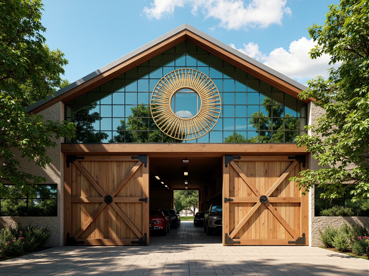 Prompt: Rustic barn, Art Deco fa\u00e7ade, ornate metalwork, geometric patterns, vibrant turquoise accents, luxurious golden details, symmetrical composition, grand entrance, oversized wooden doors, decorative iron hinges, distressed wood textures, natural stone foundations, lush greenery surroundings, sunny afternoon, warm soft lighting, shallow depth of field, 1/2 composition, realistic render, ambient occlusion.