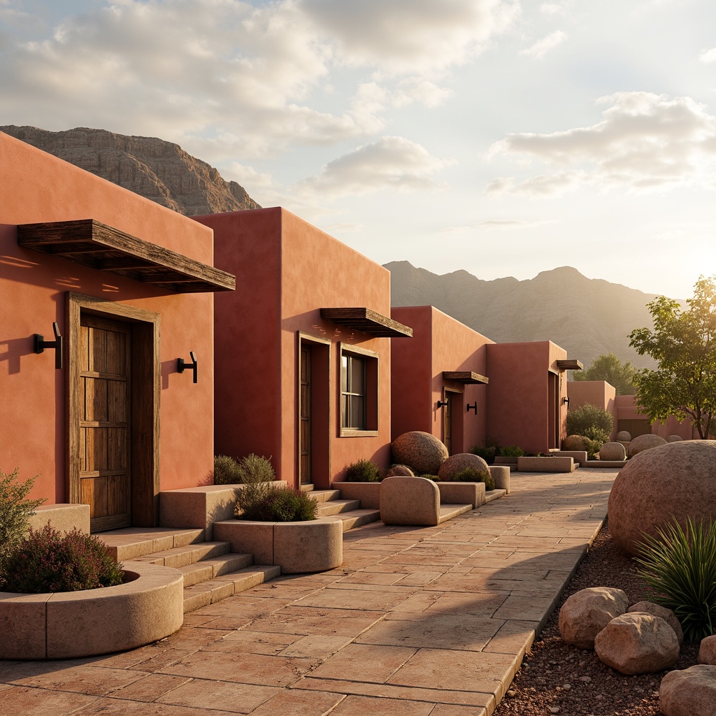 Prompt: Earth-toned regionalism architecture, warm adobe red walls, rustic terracotta rooftops, natural stone foundations, reclaimed wood accents, earthy brown doors, weathered metal details, soft desert landscape, vast open skies, warm golden lighting, shallow depth of field, 3/4 composition, panoramic view, realistic textures, ambient occlusion.