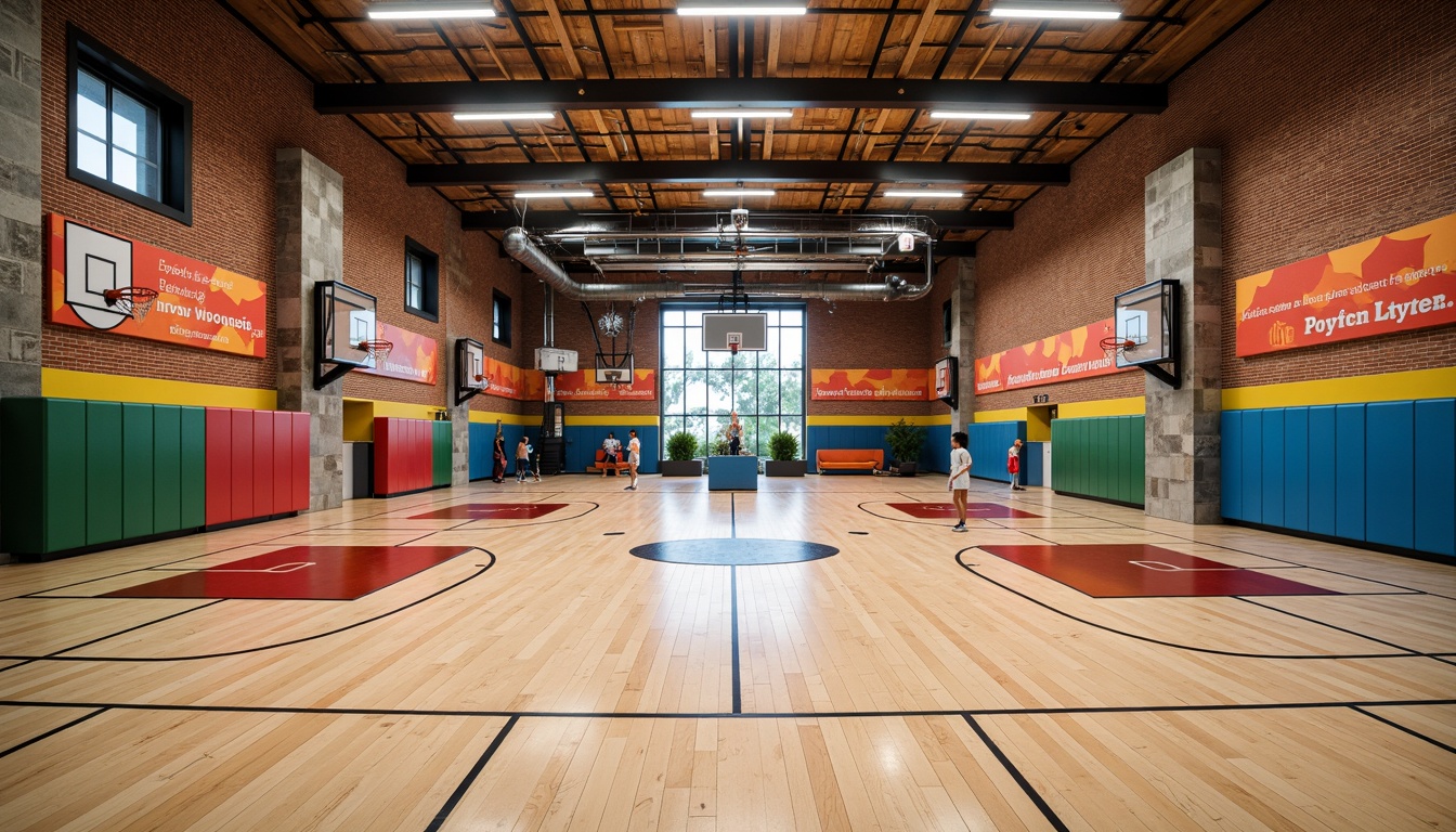 Prompt: Vibrant gymnasium interior, eclectic architecture style, exposed brick walls, polished wooden floors, industrial metal beams, rustic stone columns, bold color blocking, dynamic lighting installations, modern sports equipment, basketball hoops, tennis nets, athletic tracks, motivational quotes, minimalist seating areas, natural ventilation systems, abundant daylight, shallow depth of field, 1/1 composition, symmetrical framing, high-contrast textures, ambient occlusion.