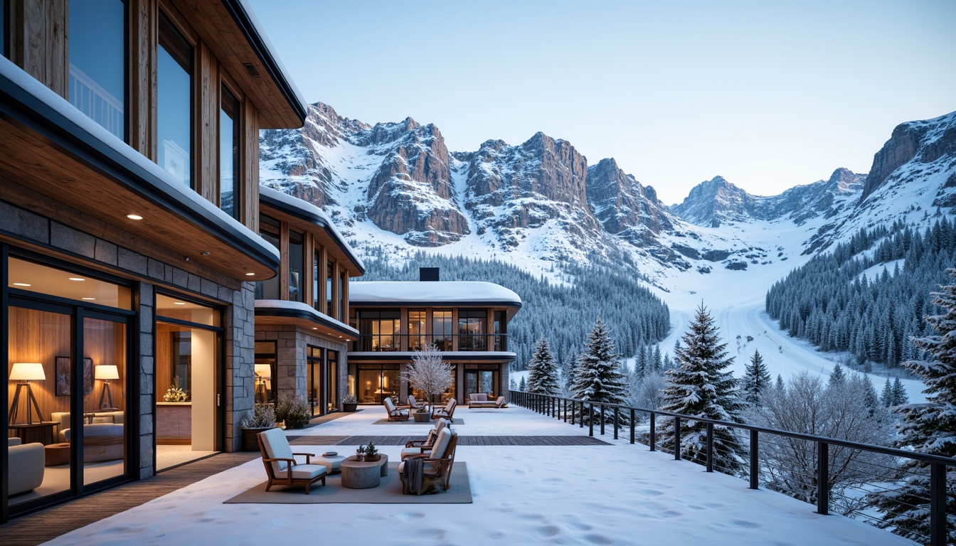 Prompt: Snow-capped mountains, icy slopes, modern ski center, wooden chalets, rustic stone walls, steel beams, floor-to-ceiling windows, transparent glass facades, minimalist interior design, warm ambient lighting, cozy fireplaces, natural wood accents, comfortable lounging areas, sleek metal railings, snowy landscape views, frosty morning light, shallow depth of field, 3/4 composition, panoramic view, realistic textures, ambient occlusion.