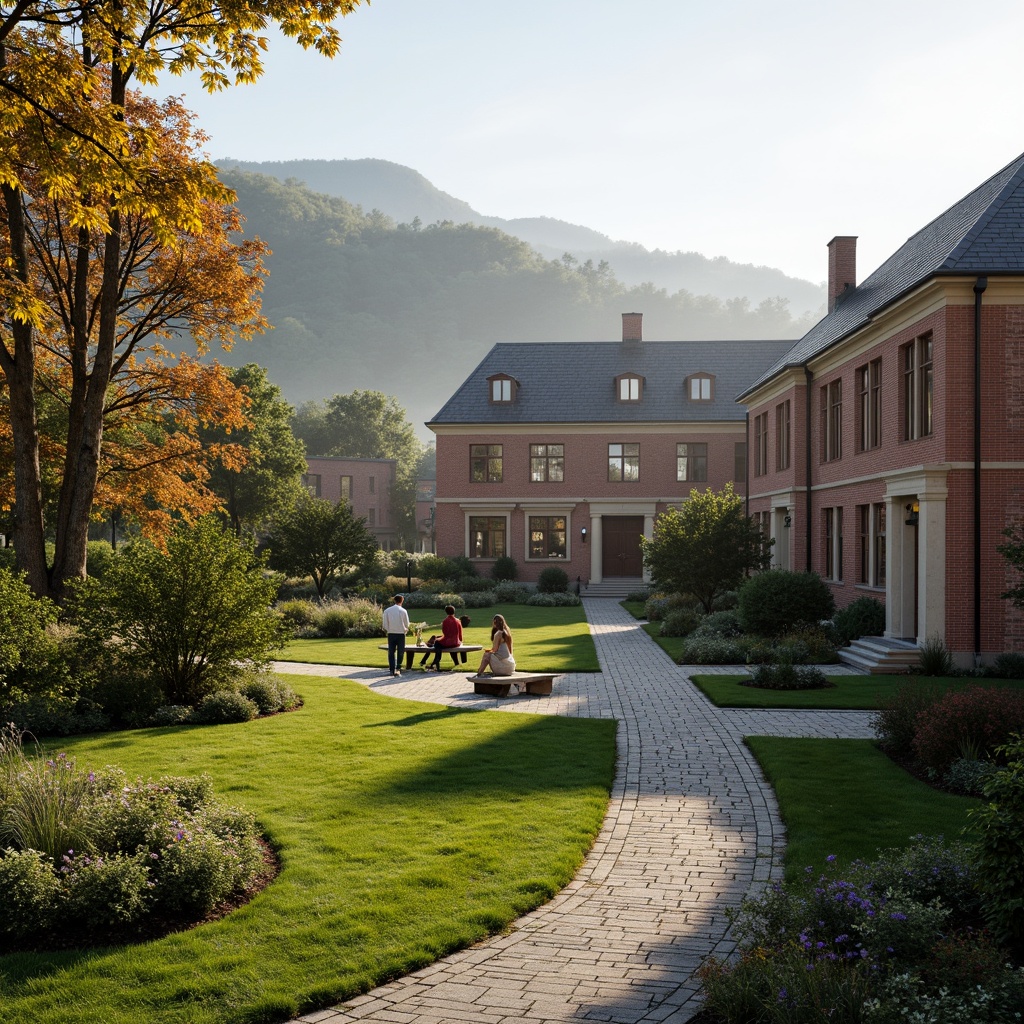 Prompt: Rustic educational campus, rolling hills, meandering paths, verdant lawns, mature trees, academic buildings, brick facades, slate roofs, classical columns, ornate details, vibrant flower beds, seasonal blooming, natural stone walls, wooden benches, tranquil water features, soft morning light, gentle mist, shallow depth of field, 1/2 composition, symmetrical framing, realistic textures, ambient occlusion.Let me know if this meets your requirements!