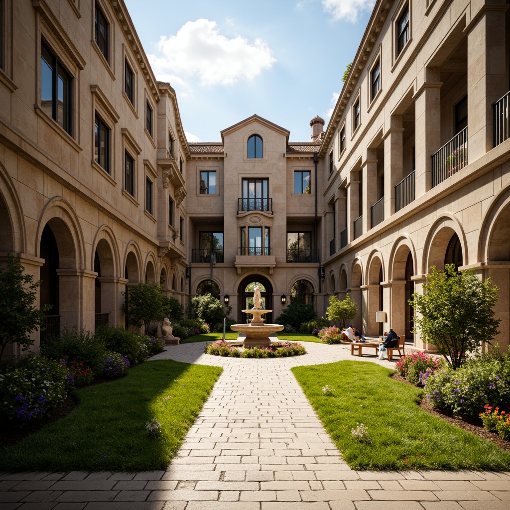 Prompt: Renaissance-style university buildings, grand stone facades, ornate archways, lush green lawns, vibrant flowerbeds, meandering walkways, classical statues, tranquil fountains, shaded courtyards, rustic stone benches, elegant lanterns, warm golden lighting, soft focus, 1/2 composition, harmonious colors, natural textures, ambient shadows.