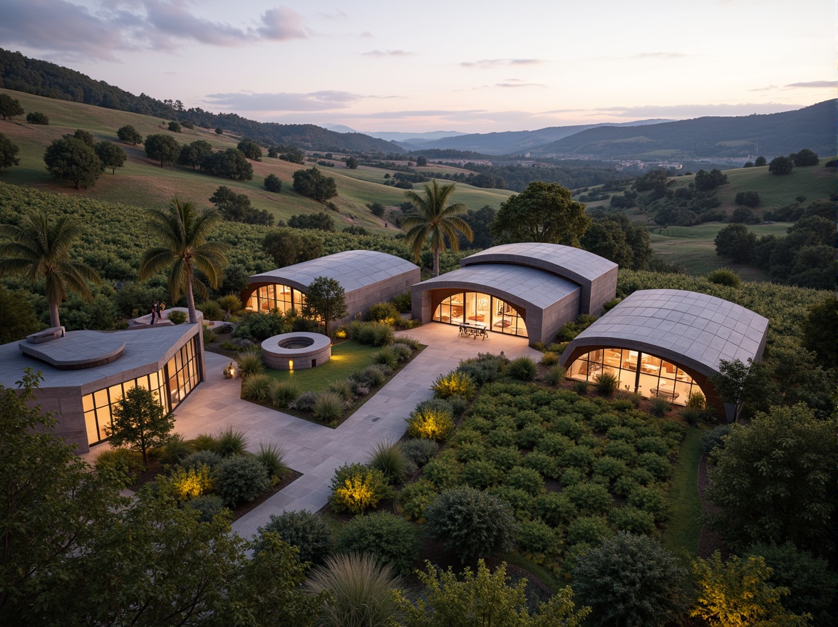 Prompt: Vineyard landscape, rolling hills, rustic charm, modern winery architecture, curved lines, futuristic domes, large glass windows, natural stone walls, steel beams, wooden accents, sleek minimalist design, functional layout, efficient wine production, innovative fermentation tanks, climate-controlled cellars, atmospheric lighting, soft warm ambiance, 3/4 composition, shallow depth of field, realistic textures, ambient occlusion.