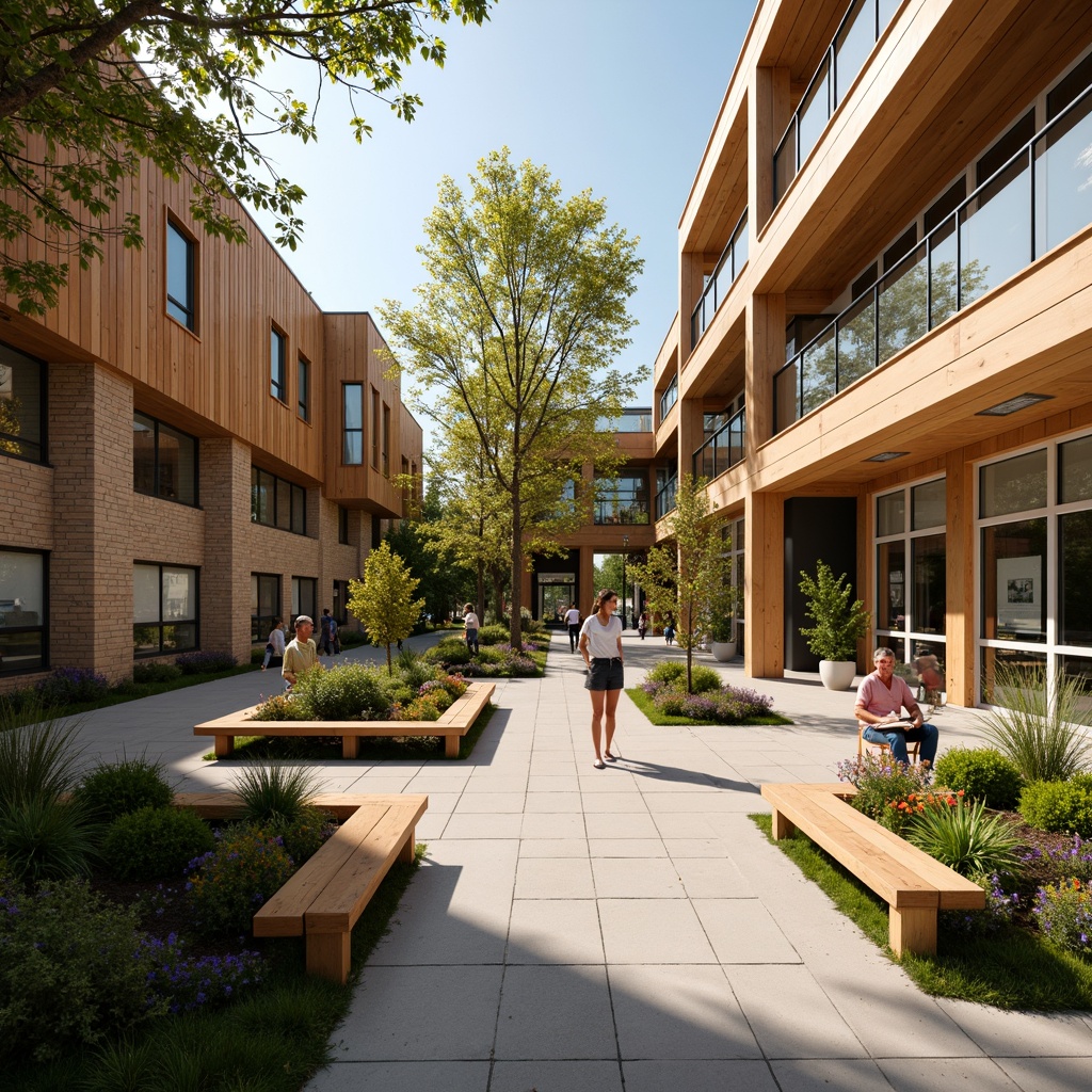 Prompt: Cozy community center, warm wooden accents, natural stone walls, lush greenery, vibrant flowers, comfortable seating areas, rustic wooden benches, educational signs, interactive exhibits, modern architecture, large windows, glass doors, blooming trees, sunny day, soft warm lighting, shallow depth of field, 3/4 composition, panoramic view, realistic textures, ambient occlusion.