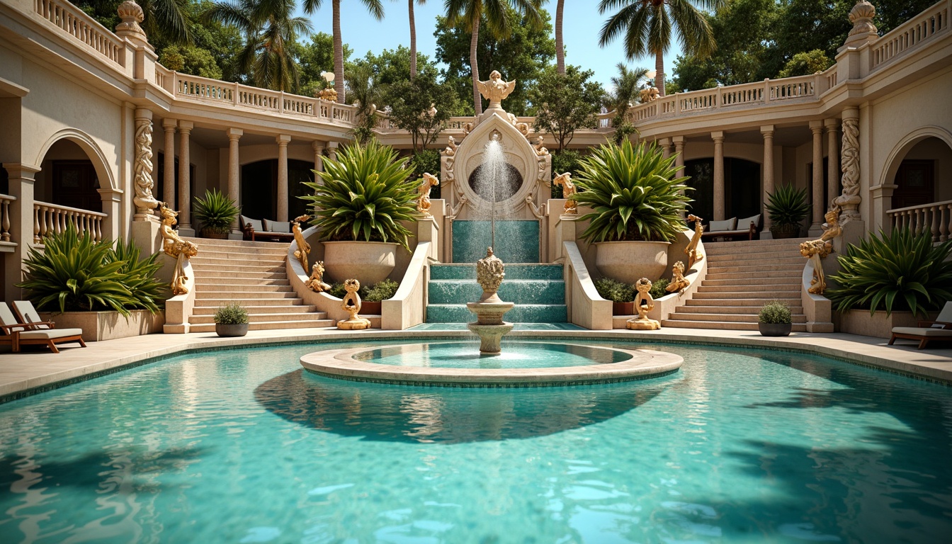 Prompt: Ornate swimming pool, intricate stonework, curved lines, ornamental fountains, statues of mythological creatures, gilded accents, mosaic tiles, vibrant turquoise water, sunken areas, grand staircases, carved marble columns, dramatic archways, lush greenery, tropical plants, warm sunny day, soft focus, shallow depth of field, 1/2 composition, symmetrical framing, realistic reflections.