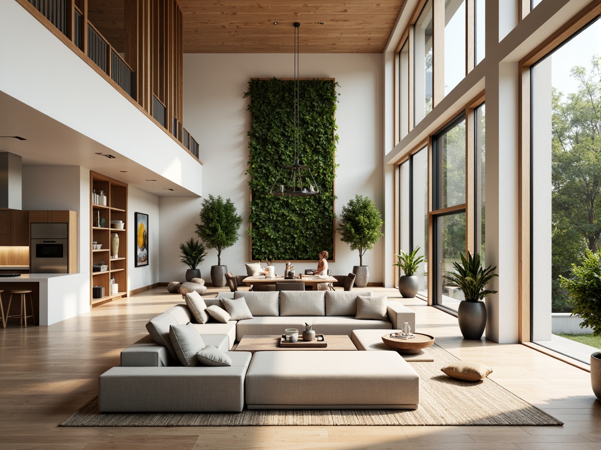 Prompt: Open-plan living area, minimalist decor, natural materials, wooden accents, floor-to-ceiling windows, abundant daylight, spacious rooms, functional zoning, flexible layouts, adaptable furniture, smart home systems, automated lighting, climate control, energy-efficient appliances, vertical green walls, lush indoor plants, calm ambiance, soft diffused lighting, 1/1 composition, shallow depth of field, realistic textures.