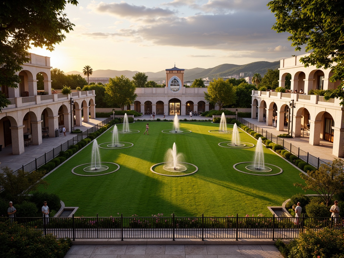 Prompt: Renaissance-style sports field, symmetrical layout, lush green grass, ornate fountains, grandstand seating, classical stone columns, arched entranceways, decorative metal railings, vibrant flowerbeds, manicured hedges, Italian-inspired architecture, open-air courtyards, grandiose scale, dramatic lighting, warm sunset ambiance, shallow depth of field, 1/2 composition, panoramic view, realistic textures, ambient occlusion.