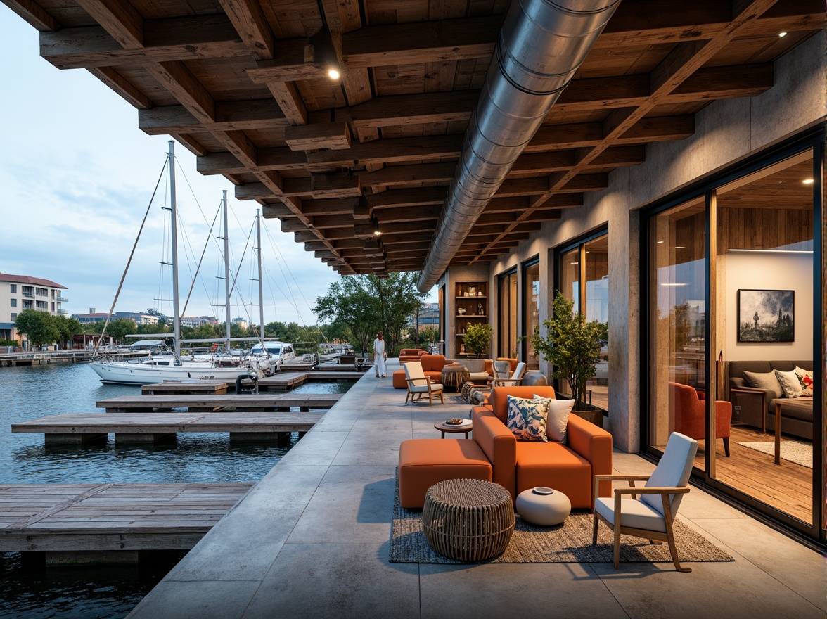 Prompt: Waterfront location, rustic wooden docks, vintage sailboats, nautical elements, postmodern boathouse, angular lines, irregular shapes, eclectic mix of materials, reclaimed wood, industrial metal beams, exposed ductwork, concrete floors, floor-to-ceiling windows, sliding glass doors, cozy nooks, plush furnishings, bold color accents, abstract art pieces, natural textiles, warm atmospheric lighting, shallow depth of field, 1/1 composition, realistic reflections, ambient occlusion.