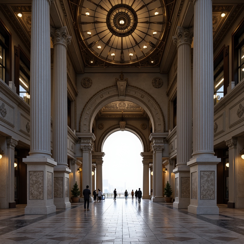 Prompt: Symmetrical grand entrance, imposing columns, ornate facades, central archways, identical wings, mirrored reflections, harmonious proportions, balanced compositions, radial symmetry, geometric patterns, intricate mosaics, ornamental details, luxurious materials, neutral color palette, high-contrast lighting, dramatic shadows, axial views, 1/1 composition, realistic textures, ambient occlusion.