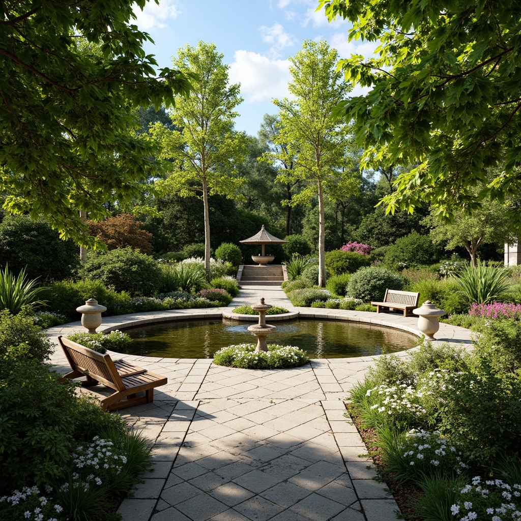 Prompt: Vibrant botanical garden, lush greenery, diverse plant species, meandering stone pathways, tranquil water features, decorative fountains, elegant statues, rustic wooden benches, warm sunny day, soft natural lighting, shallow depth of field, 3/4 composition, panoramic view, realistic textures, ambient occlusion.