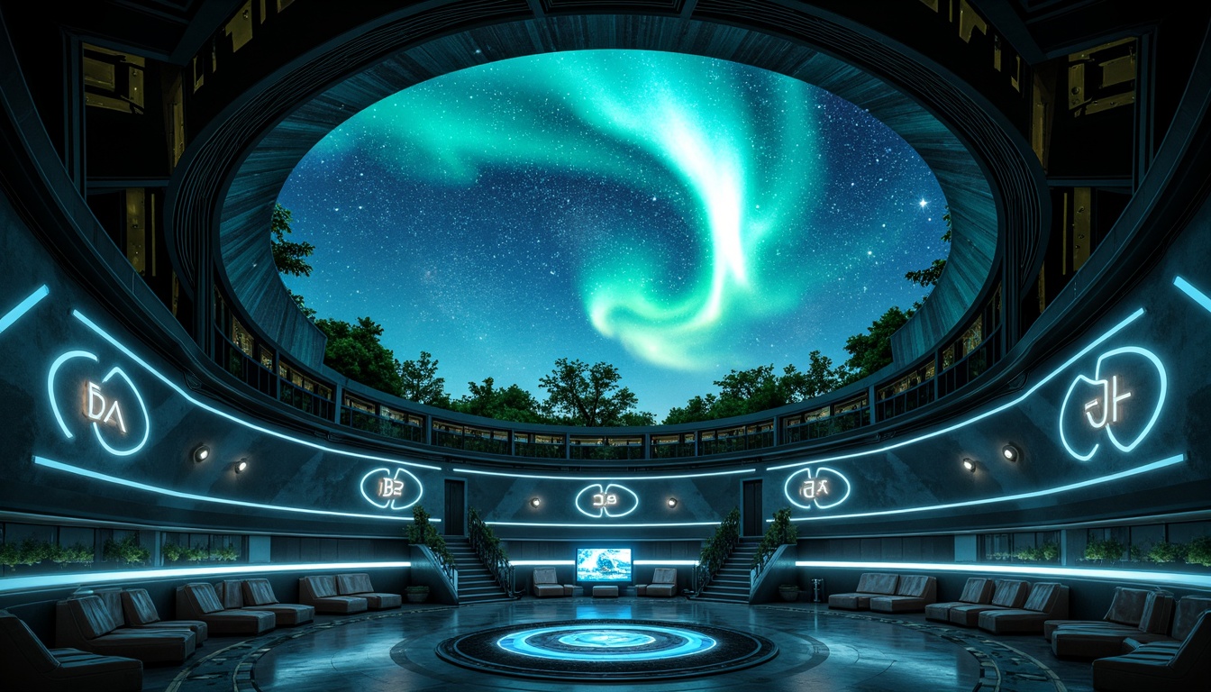 Prompt: Cosmic planetarium, iridescent dome, swirling nebulae, vibrant aurora borealis, starry night sky, luminescent accents, soft blue-green hues, metallic silver tones, glossy black surfaces, neon-lit corridors, futuristic architecture, curved lines, geometric patterns, atmospheric misting, immersive experience, 360-degree view, shallow depth of field, panoramic composition, realistic textures, ambient occlusion.