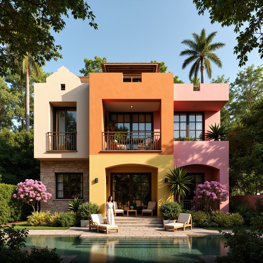 Prompt: Vibrant villa facade, eclectic architectural style, irregular shapes, bold color blocking, contrasting textures, natural stone walls, wooden accents, ornate metalwork, stained glass windows, asymmetrical composition, dramatic rooflines, lush greenery, blooming flowers, serene outdoor spaces, warm sunny day, soft golden lighting, shallow depth of field, 1/2 composition, realistic materials, ambient occlusion.