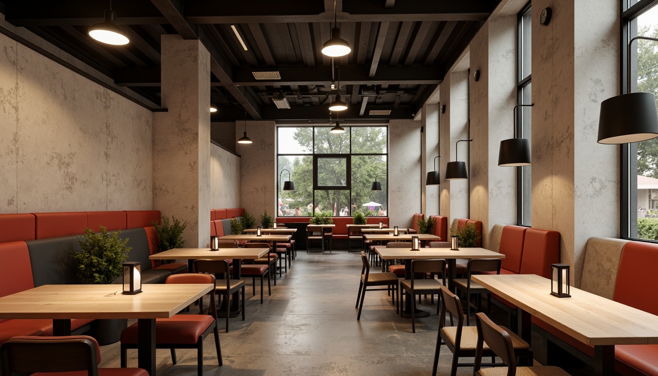 Prompt: Industrial-chic dining hall, minimalist decor, brutalist concrete walls, sleek metal columns, geometric-shaped wooden tables, ergonomic chairs, avant-garde lighting fixtures, bold color accents, functional simplicity, clean lines, rectangular shapes, modernist vibe, 1920s-inspired aesthetic, warm ambient lighting, shallow depth of field, 1/2 composition, realistic textures, subtle shadows.