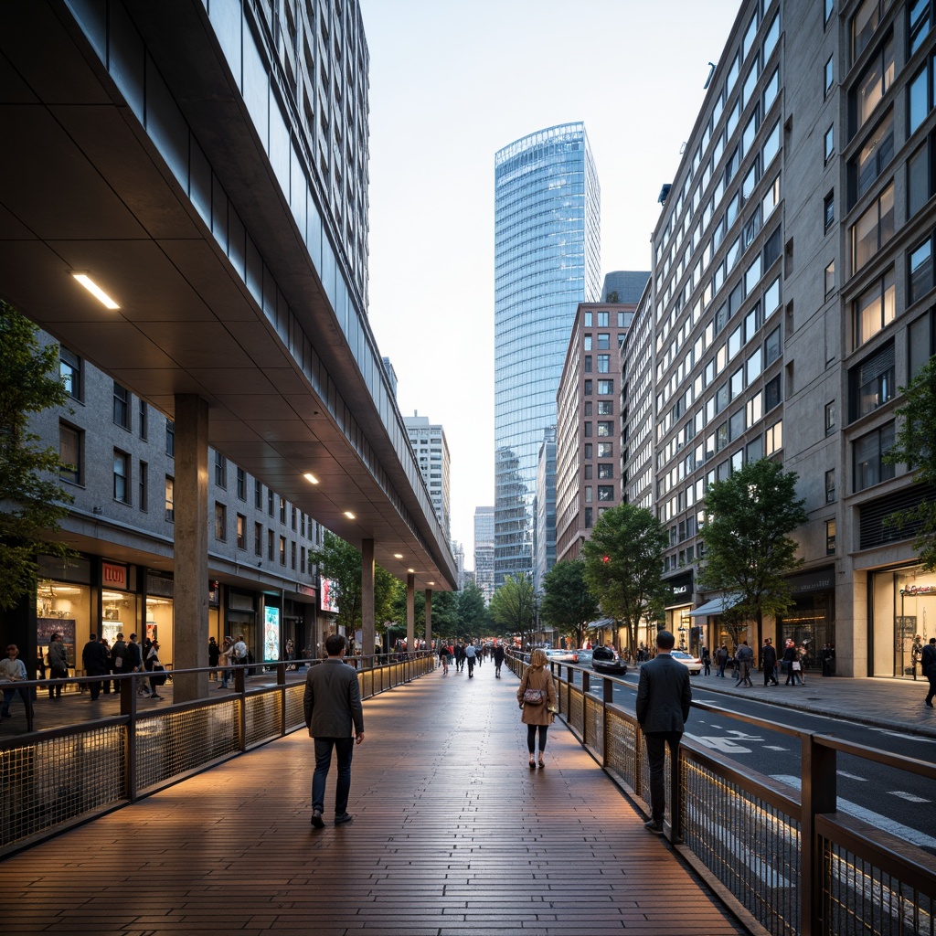 Prompt: Modern pedestrian bridge, sleek metal railings, wooden decking, innovative surface treatments, vibrant LED lighting, urban cityscape, busy street scene, dynamic architecture, angular lines, geometric shapes, stainless steel cables, minimalist design, safety barriers, accessible ramps, gentle curves, soft warm lighting, shallow depth of field, 3/4 composition, realistic textures, ambient occlusion.